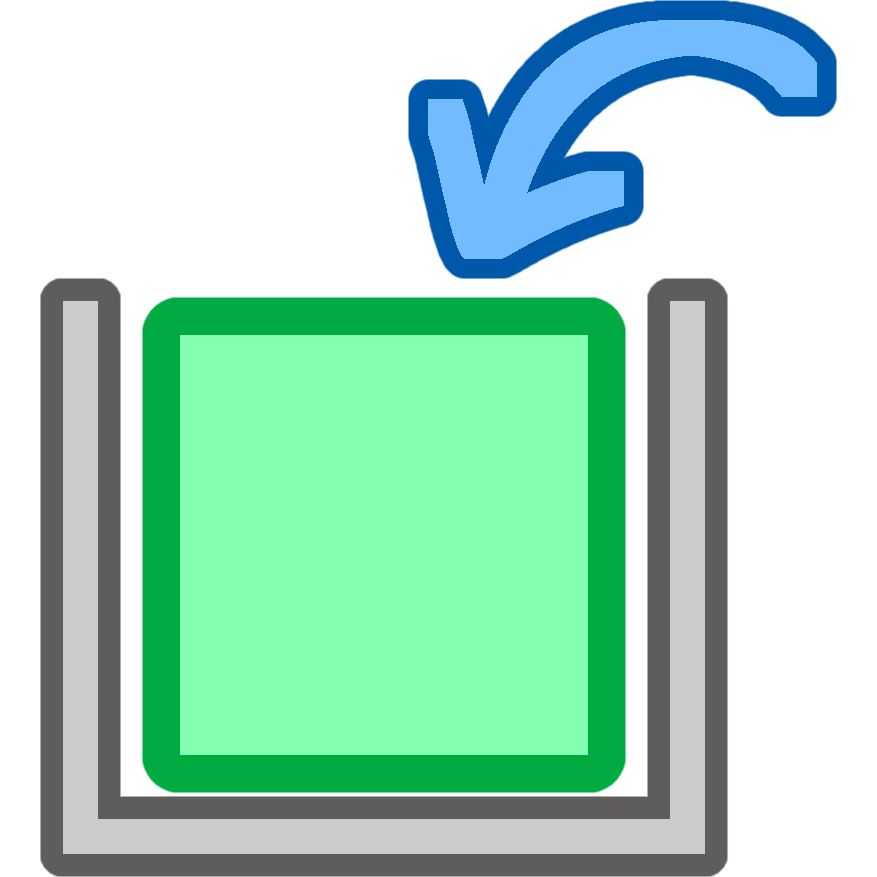 a green square with a darker green outline inside a grey squared U shape with a darker grey outline. there’s a blue arrow with a darker blue outline pointing to the green square